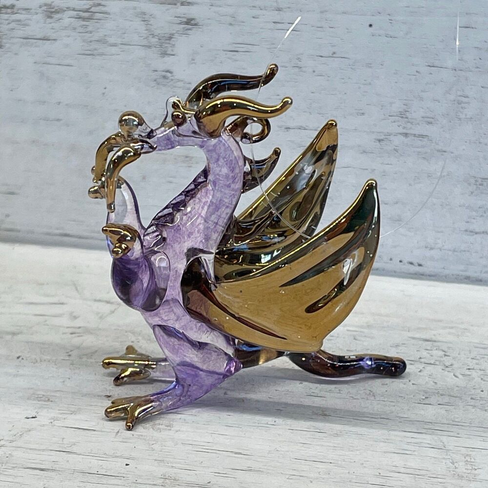 Hand Crafted Purple Glass Dragon Ornament Decoration Gold Accents Silvestri